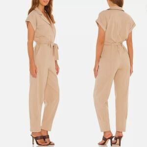 Lovers + Friends "Whitney" Linen Blend Short Sleeve Jumpsuit, Natural Tan, Sz S